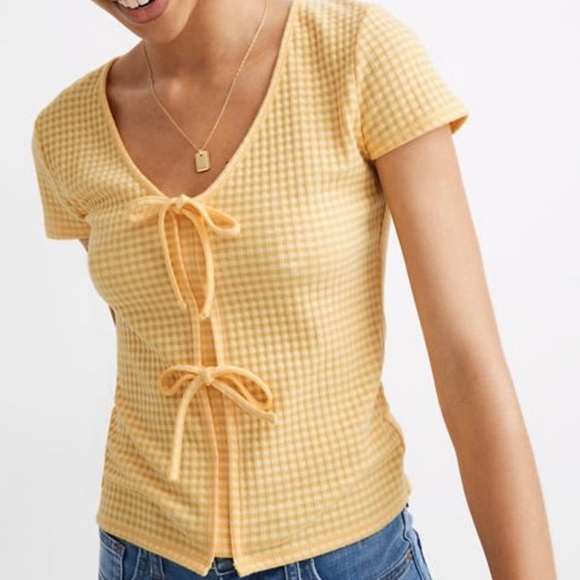 Madewell Atoboy Gingham Top Bow Front Tee Yellow Plaid - Picture 1 of 5